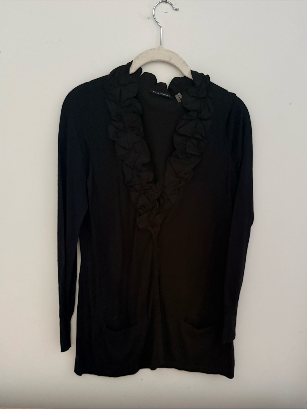 Elie Tahari Silk and Cashmere Black Ruffle-Trim Lightweight Cardigan Sweater